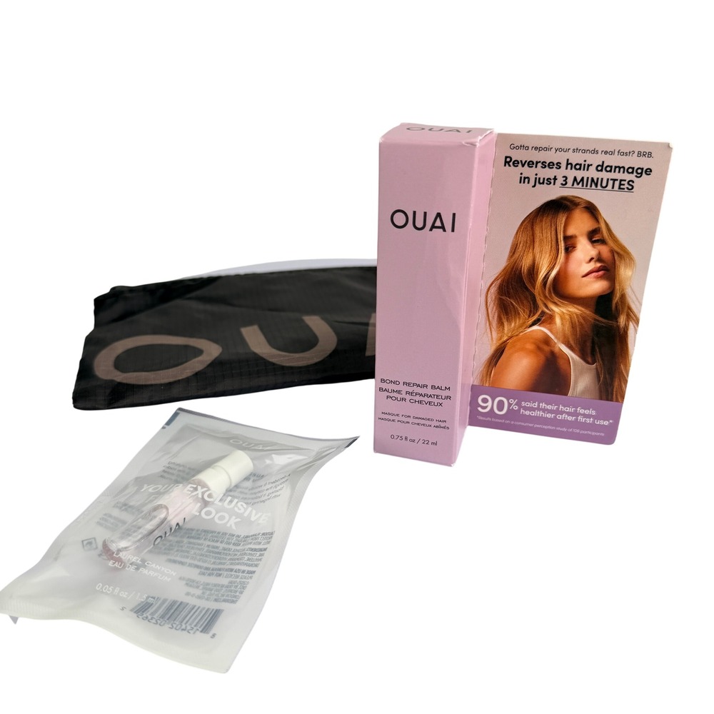 OUAI Black Ripstop Pouch Bond Repair Balm Mask & Laurel Canyon EDP Sample Set